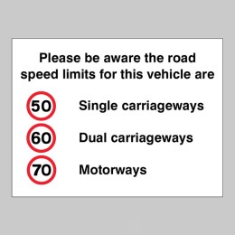 Please be Aware the Road Speed Limits for this Vehicle Are 50 - 60 - 70mph - 