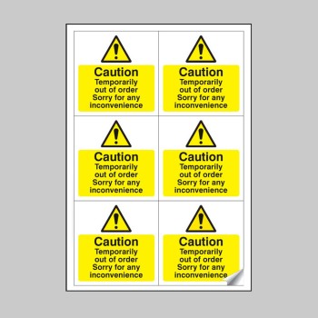 Caution - Temporarily Out of Order Labels (Sheet of 6) - 