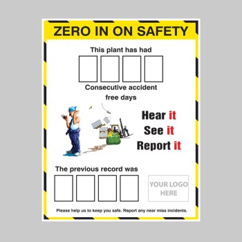 Zero in On Safety AccIdent Board with Logo & 2 Sets of Numbers  - 