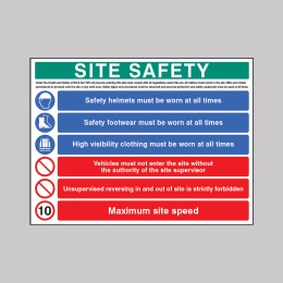 H&S Act - Helmet - Footwear - Hi Vis - No Access - No Unsupervised Reversing - 10mph - Multi-Message Site Safety Board - 