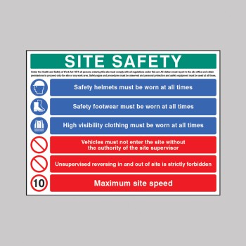 H&S Act - Helmet - Footwear - Hi Vis - No Access - No Unsupervised Reversing - 10mph - Multi-Message Site Safety Board - 