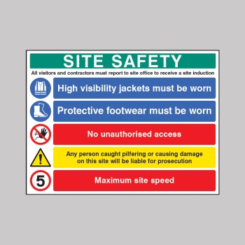 Site Safety - Report to Office - Hi Vis - Footwear - No Access - Liable for Prosecution - 5mph - Multi-Message Site Safety Board - 