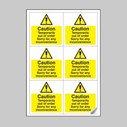 Caution - Temporarily Out of Order Labels (Sheet of 6) - 